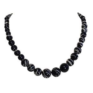 Necklace Black Acrylic Beads Graduated Handpainted White Swirl Strokes SKU2953